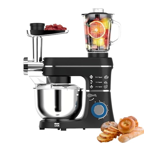 Batidora Comercial 5-en-1 con Tazón de 10L de Acero Inoxidable Mezcladora Eléctrica Potente para Amasar Pan y Moler Carne(Black)