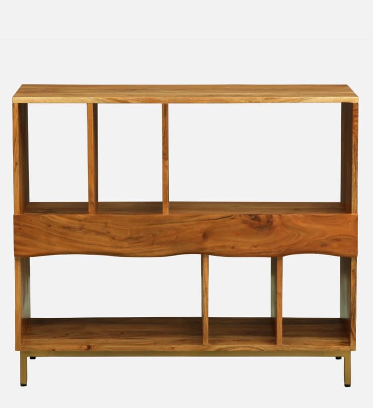 Image of Barcelona Modern Bookshelf Storage for Living Room & Study | Acacia Wood, Natural Finish | Wooden Book Shelf with Doors & Open Display Racks | Modular Storage Unit for Home Office