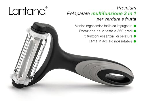 Lantana Pelapatate 3 in 1/Pelaverdura e Frutta/Affettatrice alla Julienne. 3 Peeler in 1 per Pelare Velocemente Patate, Carote e Ogni Tipo di Verdura e Frutta. Nero/Grigio/Acciaio Inossidabile - immagine 3
