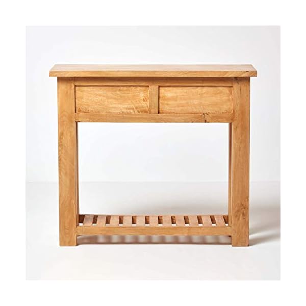 HOMESCAPES - Mangat - Small Console Table - 100% Mango Wood Furniture With 2 Drawers and a Storage Shelf - Image 8