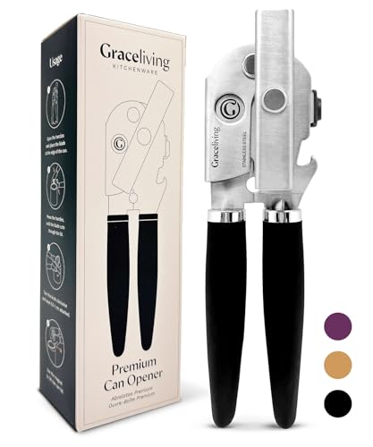 Graceliving Premium Multifunctional Magnetic Manual Can Opener and Bottle Opener, Heavy Duty Stainless Steel Sharp Cutting Blade and Oversized Easy Turn Knob, Soft-Touch Handle, Kitchen Use, Black