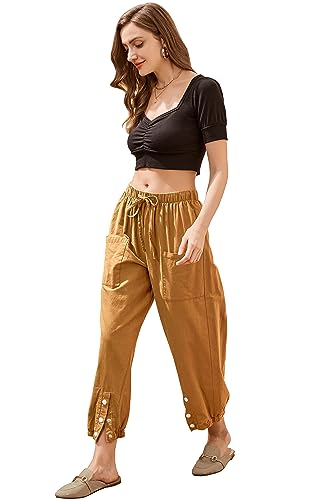 Women's High Waist Style Loose Pants Drawstring Capri Pants with Pockets Wide Leg Ankle Cropped Pants for Women