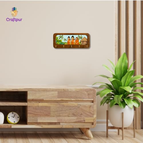 Image of Stylish Wooden Key Holder for Wall | Cute Key Holder for Home Decor | Key Holder Stand with 5 Hooks | Wall Mounted Key Hanger| (Ram Sita & Lakshman Ji)