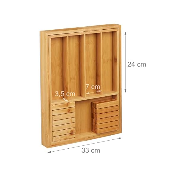 Relaxdays Besteckkasten Bambus, ausziehbar, 2 Messerblöcke, Schubladeneinsatz mit 5-7 Fächern, HBT 5 x 56 x 43 cm, natur, Hellbraun – Bild 6