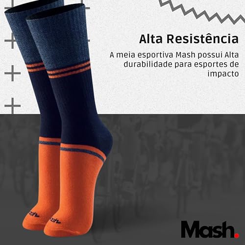 Mash Kit 5 Pares de Meia Esportiva Cano Alto Atoalhada em Algodão Masculina Punho Canelado Faixa Ten