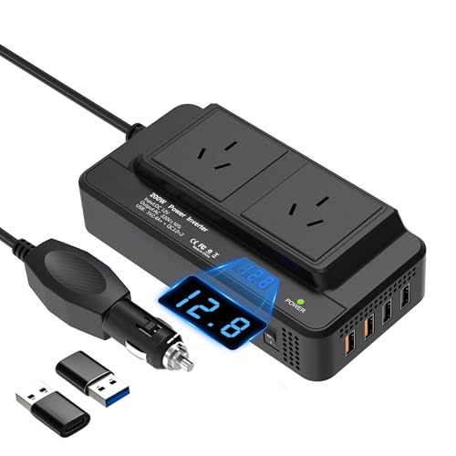AUCARAUTO 200W Car Power Inverter, DC 12V to 240V AC Converter with 2 AU Outlets & 4 USB Ports, Fast Charging Adapter with Switch and Current LED Screen for Car, SUV, Truck