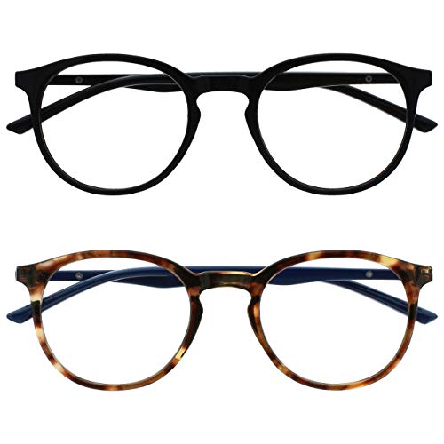 OPULIZE Met - Blue Light Blocking Glasses 2 Pack Slim Round Frame Scratch Resistant Spring Hinges Improve Sleep Computer Gaming Anti-Reflective Black Brown Mens Womens BB60-12 +0.00