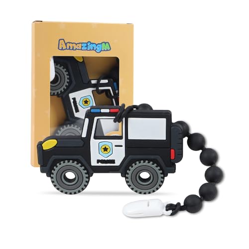 Image of Baby Food Grade Silicone Carrier Vehicle Teether Toy with Pacifier Clip Holder,Teething Toys Gift Set for 3 Months+ Boys and Girls,Freezer Safe,BPA Free. (Police Car)
