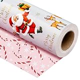 MAYPLUSS Reversible Christmas Wrapping Paper, Santa Wrapping Paper, Vintage Santa Claus with Cute Reindeer Themed Christmas Gift Wrap for Gift Packaging, Festive Decoration (17 Inch X 33 Feet)