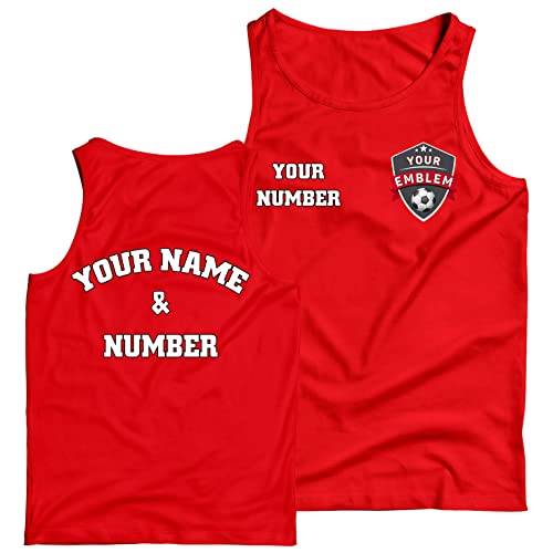 Camiseta de Tirantes Hombre Fútbol | Camiseta sin Mangas Personalizada con tu Nombre y Número | Emblem 2026 (M Rojo Multicolor)