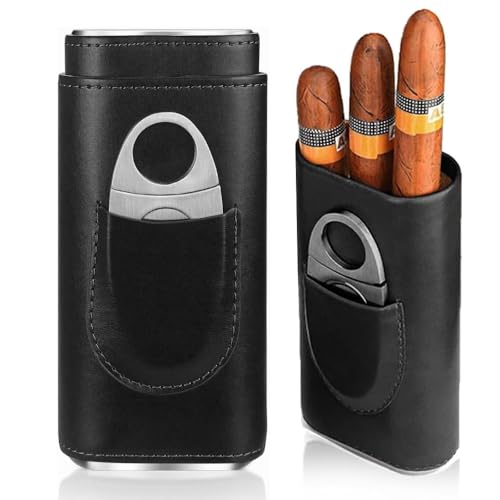 Cigarrfodral för 3 cigarrer, cigarrhumidor, läder cigarrfodral, cigarrfodral med cigarrskärare av rostfritt stål, bärbara humidor cigarrer | för resor korta resor (svart) (svart)