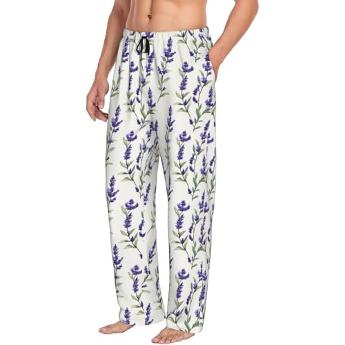 Mens Pajama Pants - Bright Lavender Purple Print Soft Sleep Lounge Pants For Men, Casual Pj Bottoms With Pockets
