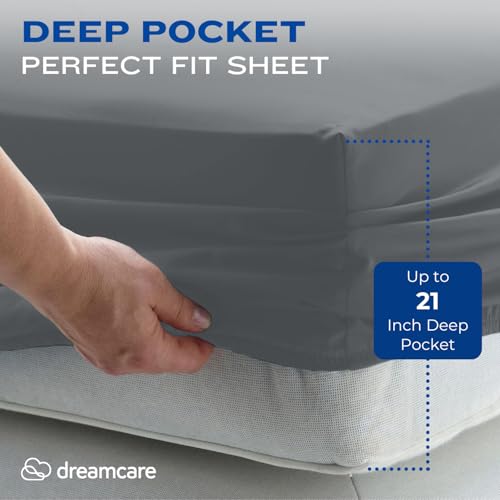 Image of DREAMCARE Queen Sheet Set - 4 pcs Breathable Cooling Sheets - up to 21 inch Extra Deep Pocket Queen Sheets Set with Side Pockets - Extra Soft 100% Brushed Hypoallergenic Hotel Luxury Bedding - Dark Gray