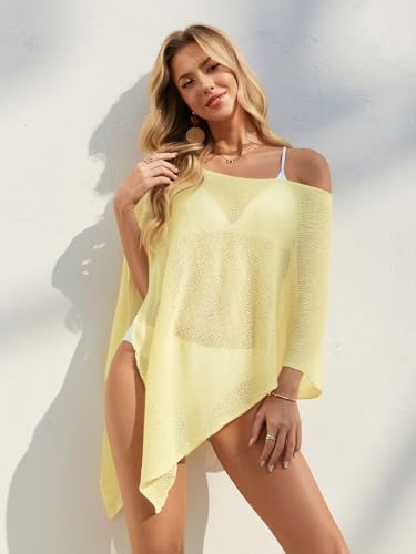 Image of UNCLECAT Women Mesh Knit Crochet Cover Up Spring Summer Sheer Poncho Tops Beachwear Vacation Outfits