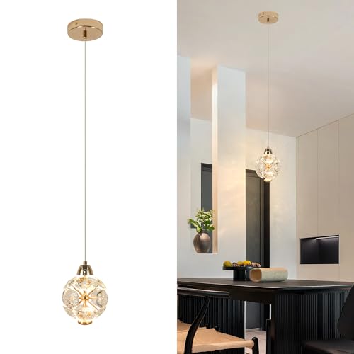 KRIPINC Lampara de Techo Colgante de Cristal LED Moderna Pequeña, Lamparas Techo Minimalista de Lujo Dorada con Globo Abierto Multifacético, 3 Temperaturas de Color, para Dormitorio, Mesita de Noche