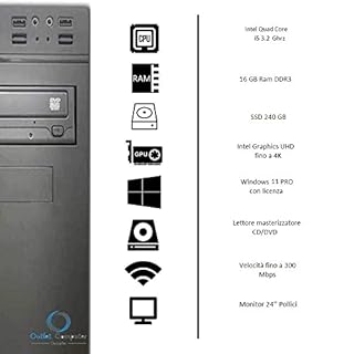 PC Desktop Computer Completo - SSD 240GB - WINDOWS 11 PRO 64 BIT - WIFI - HDMI - VGA - TASTIERA E MOUSE USB CASSE AUDIO… (CPU: I5 - RAM 16GB, MONITOR 24")
