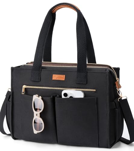 Image of Canvas Tote Bag for Women, 15-Pockets Work Laptop Tote Purse Large Crossbody Nurse Teacher Bible Bag for School Travel Daily | with Strap & Zipper