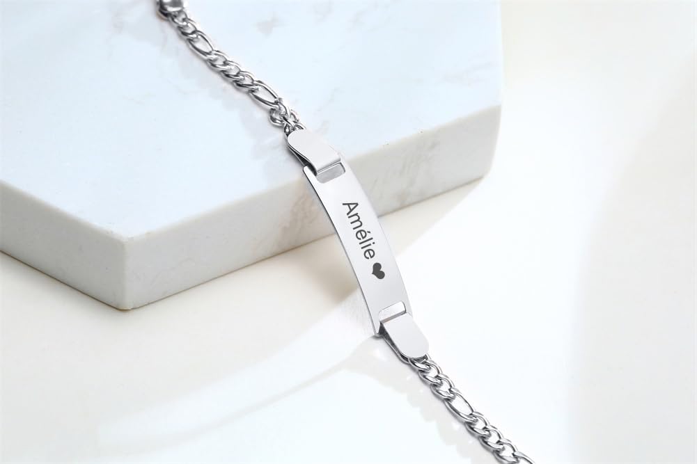 Bracelet Personnalisé Gourmette Bébé Filles - Mignon Charm Bracelet Chaîne Figaro Réglable Gravé Prénom Bracelets Bijoux Enfants Cadeaux Anniversaire Baptême Première Communion Noël