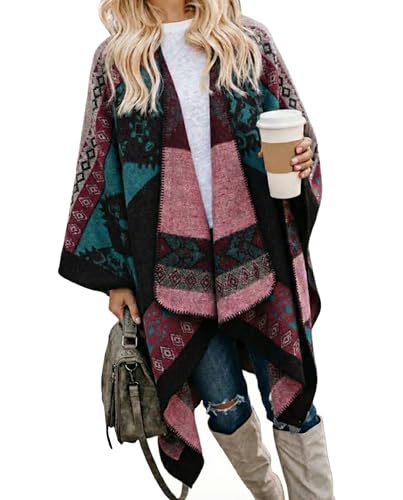 Image of Bestshe Women's Boho Open Front Poncho Plaid Shawl Wrap Cape | Tassel Cardigan Sweater, Cozy Layering, Fall Winter Clothes for Women