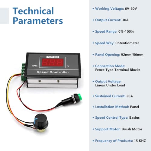 Image of Serplex PWM DC Motor Speed Controller 6V, 60V 30A with Digital Display, Stepless Speed Adjustment, Potentiometer Dial & Start /Stop Switch