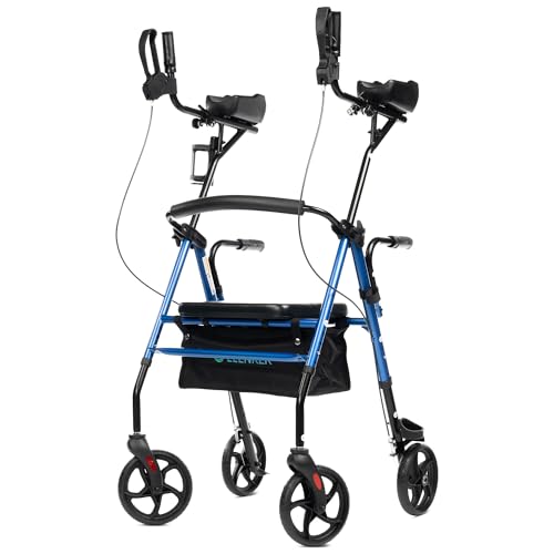 ELENKER Upright Walker, Stand Up Rollator Walker with Padded Seat and Backrest, Lightweight, Compact Folding, Fully Adjustment Frame for Seniors, Blue