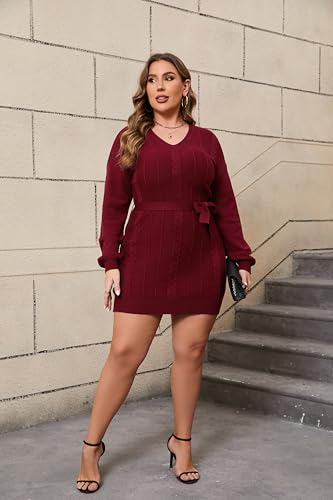 Image of Women's Plus Size Casual Sweater Dress Square Neck Long Lantern Sleeve Tie Waist Loose Pullover Sweater Dresses