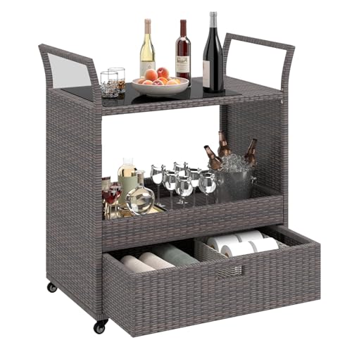 Image of Giantex Rolling Wicker Cart Rattan Bar Cart Outdoor Serving Cart Wicker Trolley Portable Kitchen Trolley Cart W /Shelves and Big Drawer for Dining Room, Restaurant, Party, Poolside Use