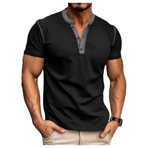 Camiseta masculina casual Henley clássica com botão de algodão e manga curta para o verão, básica, lisa, leve, Preto, G