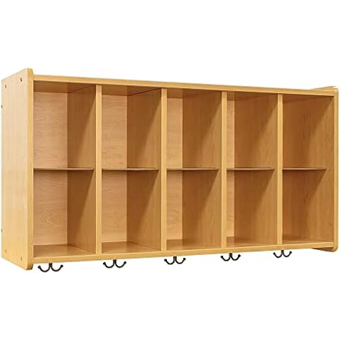 Tot Mate Wall Cubbie Storage Coat Rack, Classroom Furniture, Wall Cubby Shelf Organizer with Double Hooks, 46" W x 15" D x 26" H, (Fully Assembled, Maple) Cover