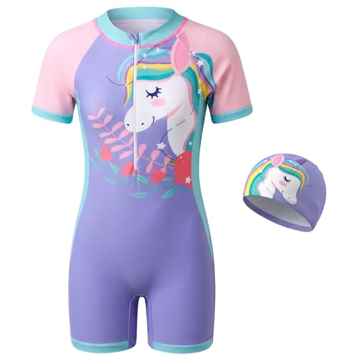 Tokeya Ninas Bañador de Una Pieza Manga Corta con Gorro 6-7 Años, Morado