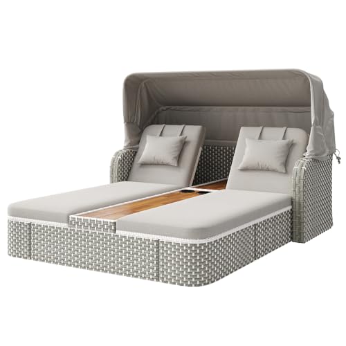 I0I&I0I Tumbona de ratán resistente a la intemperie con toldo y función de relajación, silla de jardín para terraza, balcón, incluye cojín cómodo (gris + poliéster)