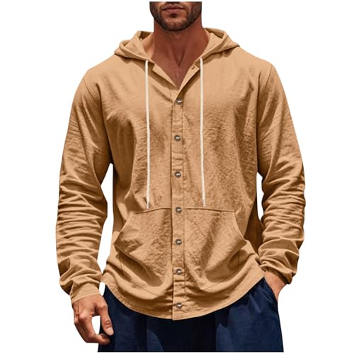Cotton Hoodie for Mens Long Sleeve Button Down Linen Shirt Drawstring Summer Beach Hooded Shirts with Pockets Casual