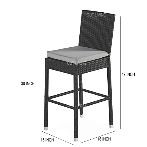 Image of OUTLIVING Rattan Wicker Outdoor Bar Patio Table with 4 Cushion Chairs Set for Home Graden Balcony 4 Seater Bar Patio Furniture -(Black)