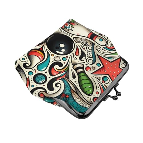 Pu Leather Buckle Coin Purse Abstract-Bowling-Doodles Girls Kiss-Lock Change Purse Wallets3
