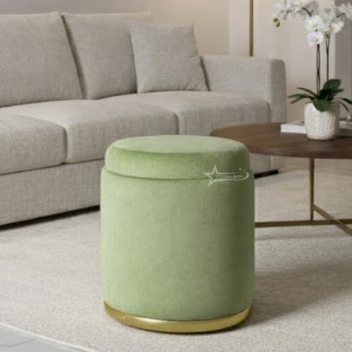 Image of Velvet Round Single Strip Ottoman Office Stool Foot Rest Stool Velvet Fabric Padded Seat Pouf Ottoman 16 X 16X 19 inch, in Round Shape for Living Room Pista Green