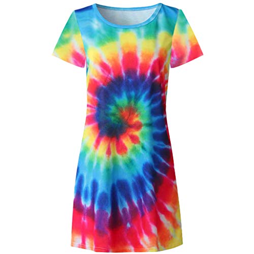 Franterd Women's Short Sleeve O Neck Tie Dye Tunic Tops Casual Swing Tee Shirt Mini Dress Hot Pink #TOP2