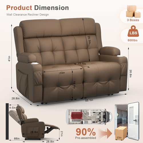 Image of Loveseat Recliner Sofa, Home Theater Seating with Massage, Reclining Loveseats with Console, Wall Hugger RV Couch Movie Theater Chairs, RV Furniture Sofas with USB, Cup Holders, Drawer for Gaming Room