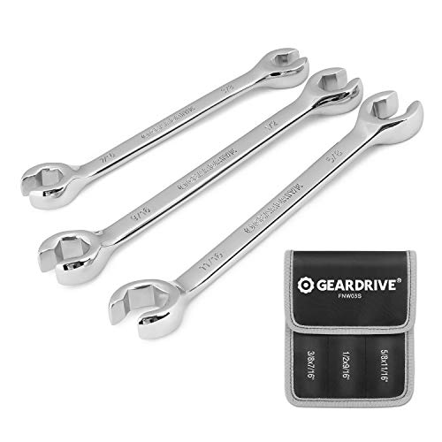 GEARDRIVE Flare Nut Wrench Set, SAE, 3-piece, 3/8'' to 11/16'', Chrome Vanadium Steel, Organizer Pouch Included
