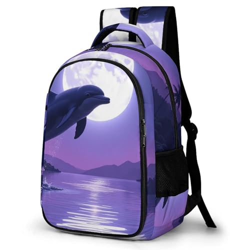 Unisex Backpack with Side Pockets, Women Men Durable Spacious Backpack, Full Moon Jumping Dolphin Art Purple Comfy Shoulder Bag for Travel, Daily Commuting