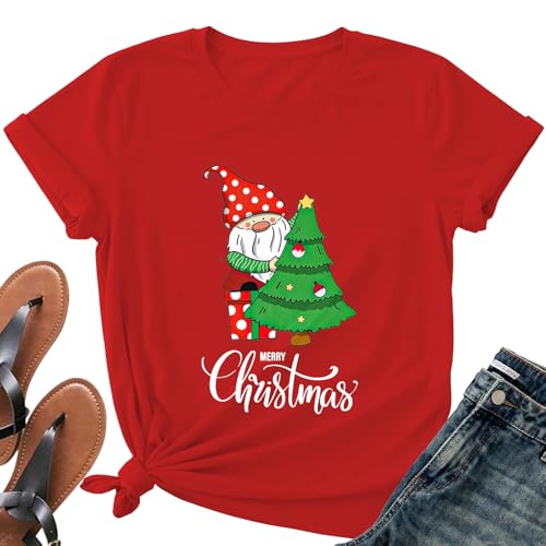 Image of Merry Christmas Shirts for Women - Xmas Bow Short Sleeve Festive Holiday Pink Ribbon Tee Tops