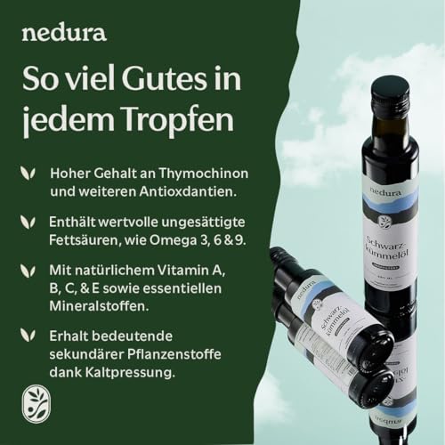 nedura® Schwarzkümmelöl kaltgepresst (ungefiltert) 250ml – mit hohem Thymochinongehalt - 100% naturrein, zertifiziert - täglich frisch & schonend gepresst - direkt aus eigener Manufaktur