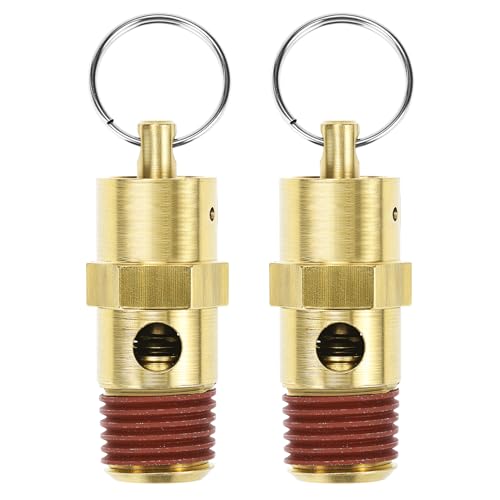 QWORK Brass Pressure Relief Valve (2 Pack) - 1/4 Inch NPT Threaded, 150 PSI Rating, Air Compressor Check Valve with Seal Thread Locks