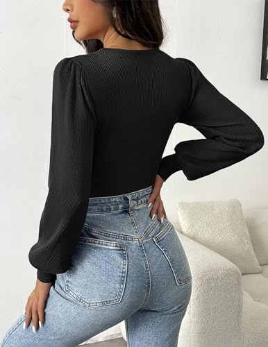Image of Zeagoo Womens Sweaters Long Sleeve Bodysuits 2026 Fall Crewneck Puff Knit Pullover Tops