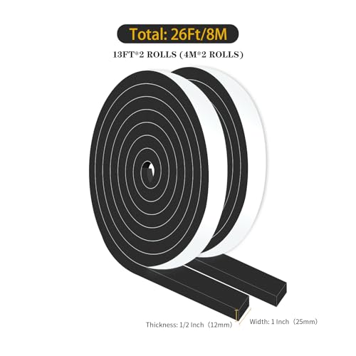 Image of Weather Stripping,High Density CR,Reduce Noise,1 in x 1 /2 in x 26Ft | Weather Stripping,Soundproof,Cold Insulation,Foam Insulation Tape for Door,Front Door Frame,Windows,Sliding Door,Black