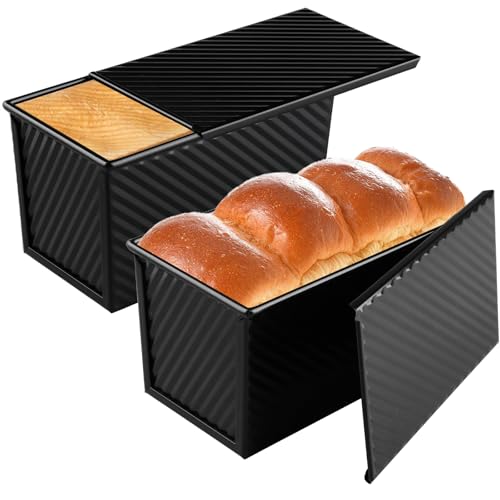Image of Velicber 2 Pack 9 * 4 Inch Pullman Loaf Pan with Lid, 1 lb Dough Capacity Non-Stick Bread Loaf Pan,Carbon Steel Coating Sandwich Bread Pan for Bakeware Homemade Sourdough Oven Baking
