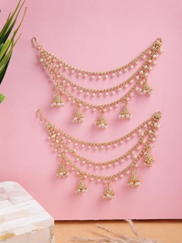 Image of Sukkhi Classical Traditional 18k Gold Plated with Brass Metal & Pearls Studded Jhumka /Jhumki Multi Layer Ear Kan Chain Earring Jewellery for Women & Girls|Bahubali Inspired Long Chain