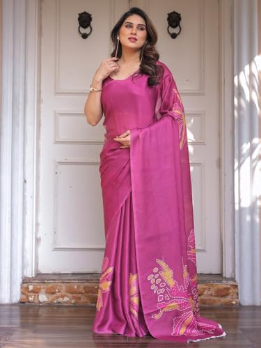 Image of ALMAARI FASHION Women's Floral Printed Georgette Satin Saree with Unstitched Blouse Piece | Traditional Ethnic Wear Sarees | Soft Lightweight Ethnic Office Wear Daily Wear Indian Sari (SG 181-190 F)