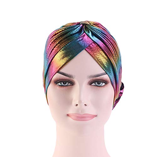 Cccho Glitter Laser Flower Turban Colourful Beanie Cap Stretchy Hair Wrap For Women (D Gold) #TOP1