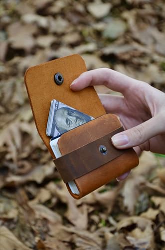 Single Snap Genuine Leather Minimal Card Holder, Male and Female Card Holder, Small Business Card Holder, Minimal Wallet, Gift Item (camel)2