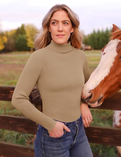 Image of ZESICA Women's Turtleneck Long Sleeve Shirts 2026 Spring Trendy Tops Slim Fitted Ribbed Knit Basic Casual Sweater